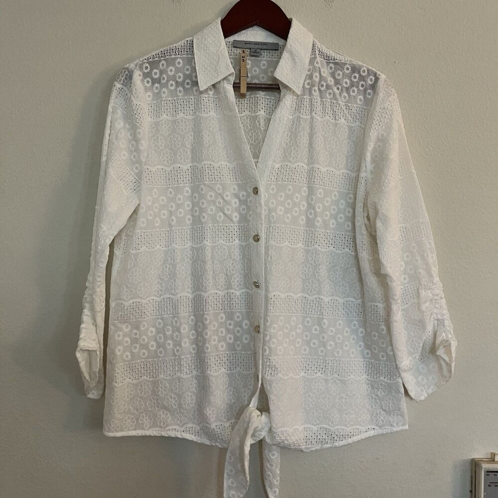 Andrew Mark NY White 100% Cotton 3/4 Sleeve Embroidered Tie Waist Blouse Top M